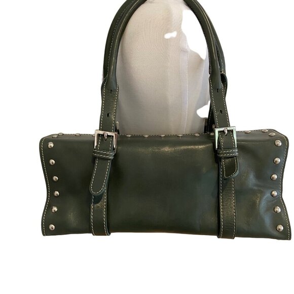 Claudia Firenze Genuine Leather Green Studded Handbag Buckle Straps snap closure - Picture 2 of 10